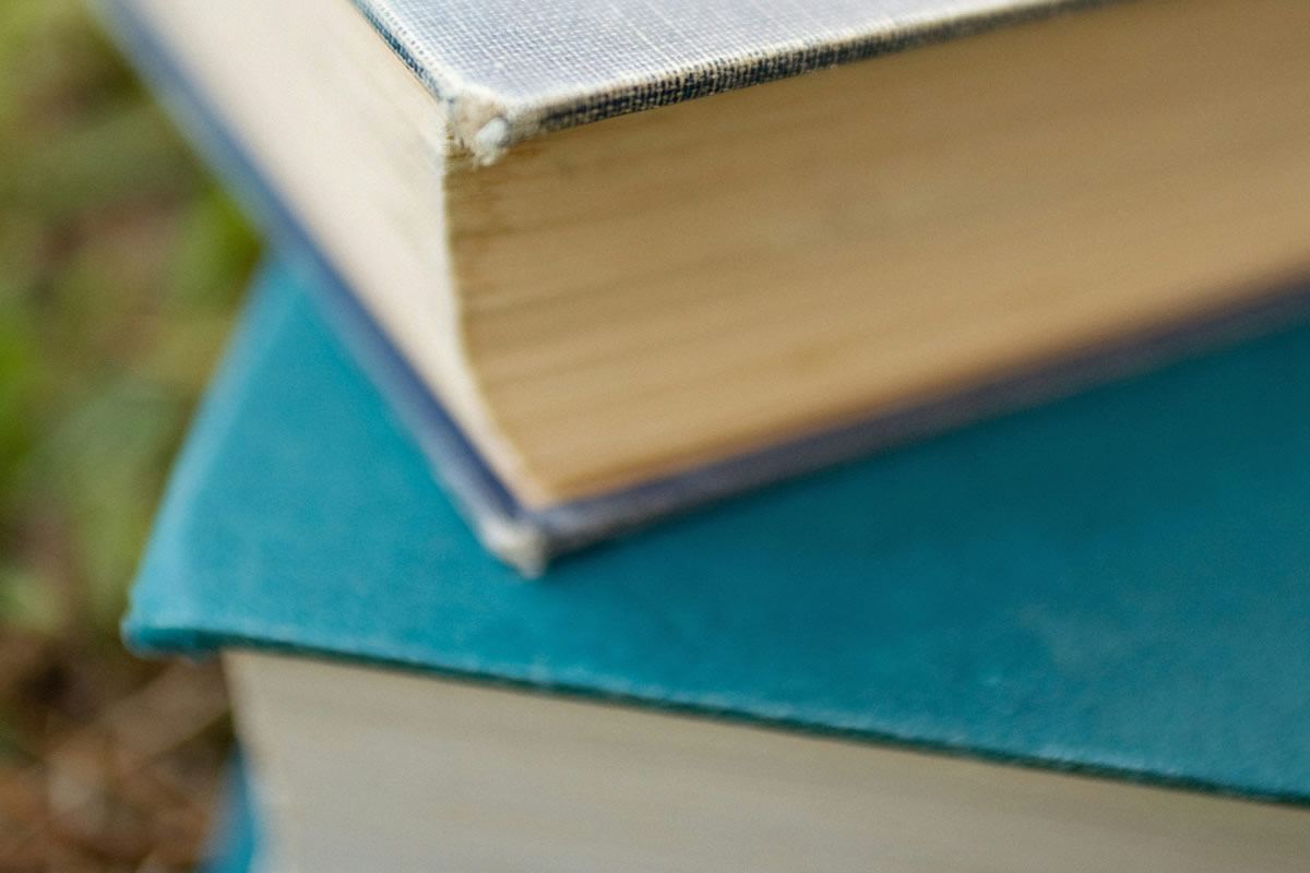 Two hardcover books stacked in green grass, one teal and one white, soft natural light