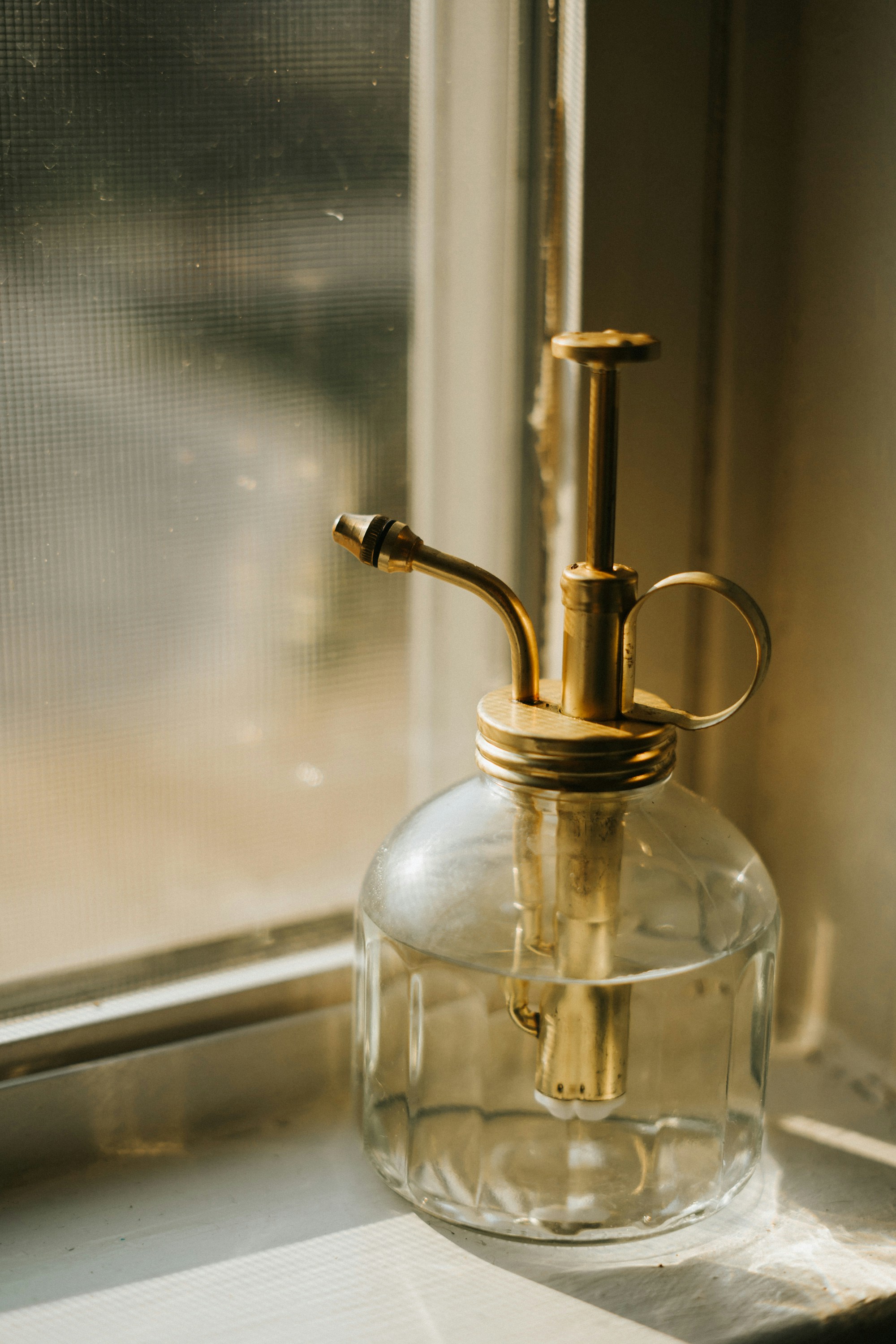Brass plant mister in a sunlit window